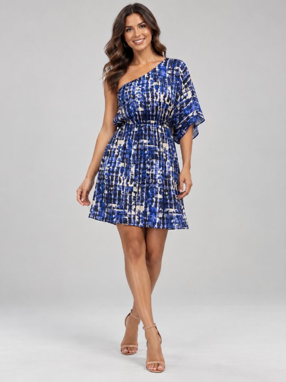 Collective Concepts Blue Satin One Shoulder Cocktail Mini Dress Abstract Print L